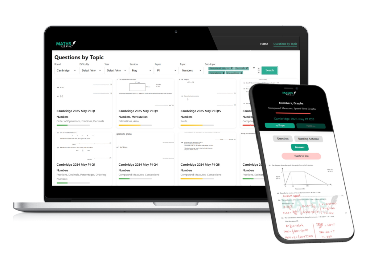 Maths with Ramal interface showing topic-wise question filtering for Cambridge O-Level algebra